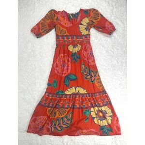 Maude Vivante Molly Floral‎ Print Maxi Dress V-Neck Mandarin Red size Small